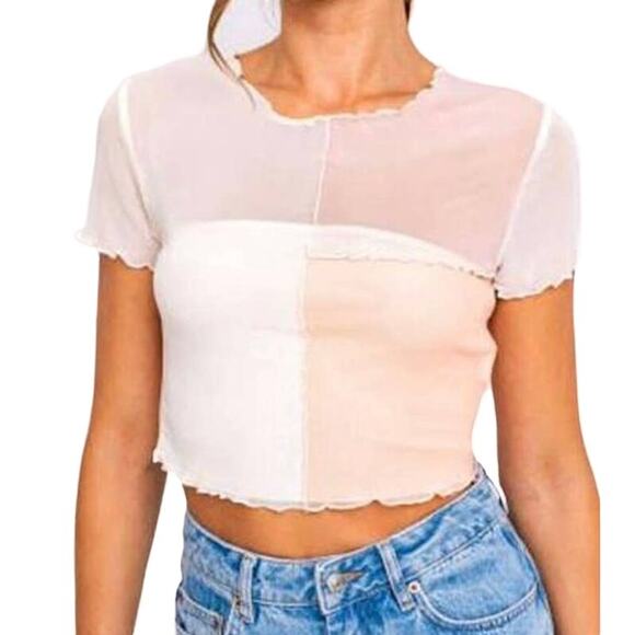 Le Lis S Peach Cream Color Block Mesh Frill Sheer Short Sleeve Crew Crop Top - Picture 1 of 6
